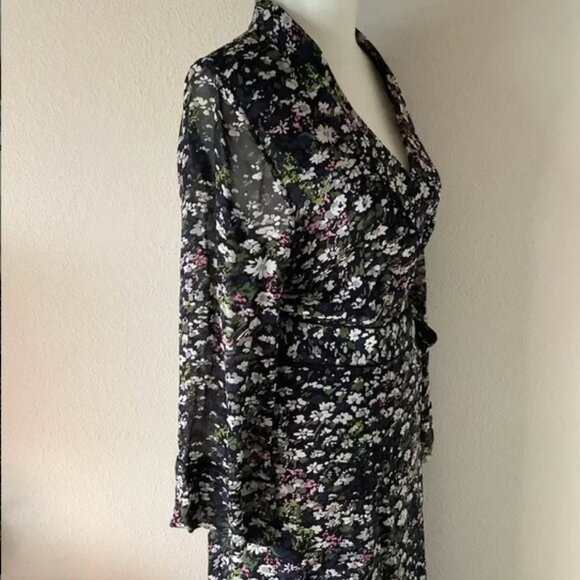 GANNI Ditsy Floral Georgette Wrap Dress Black Purple - Picture 5 of 11